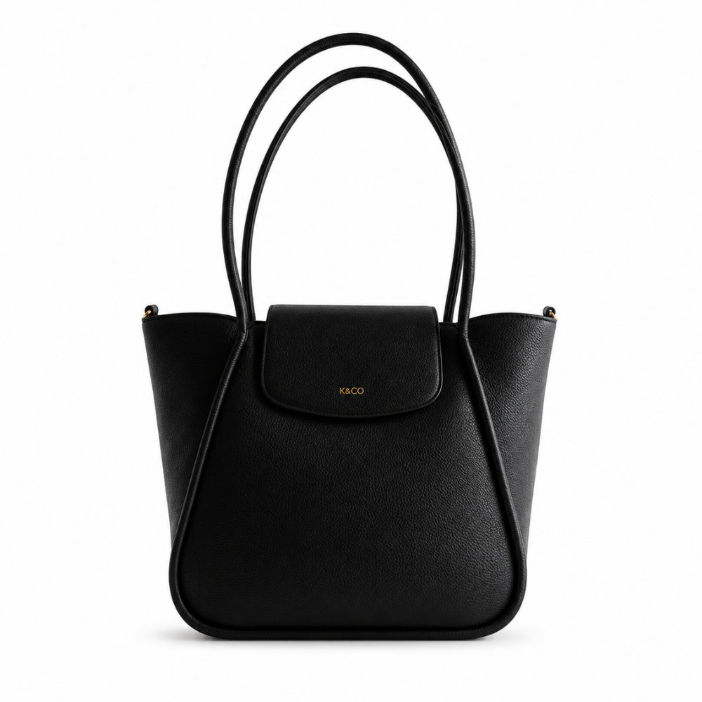 K&Co. Genuine Leather Flapover Tote Bag - BLACK